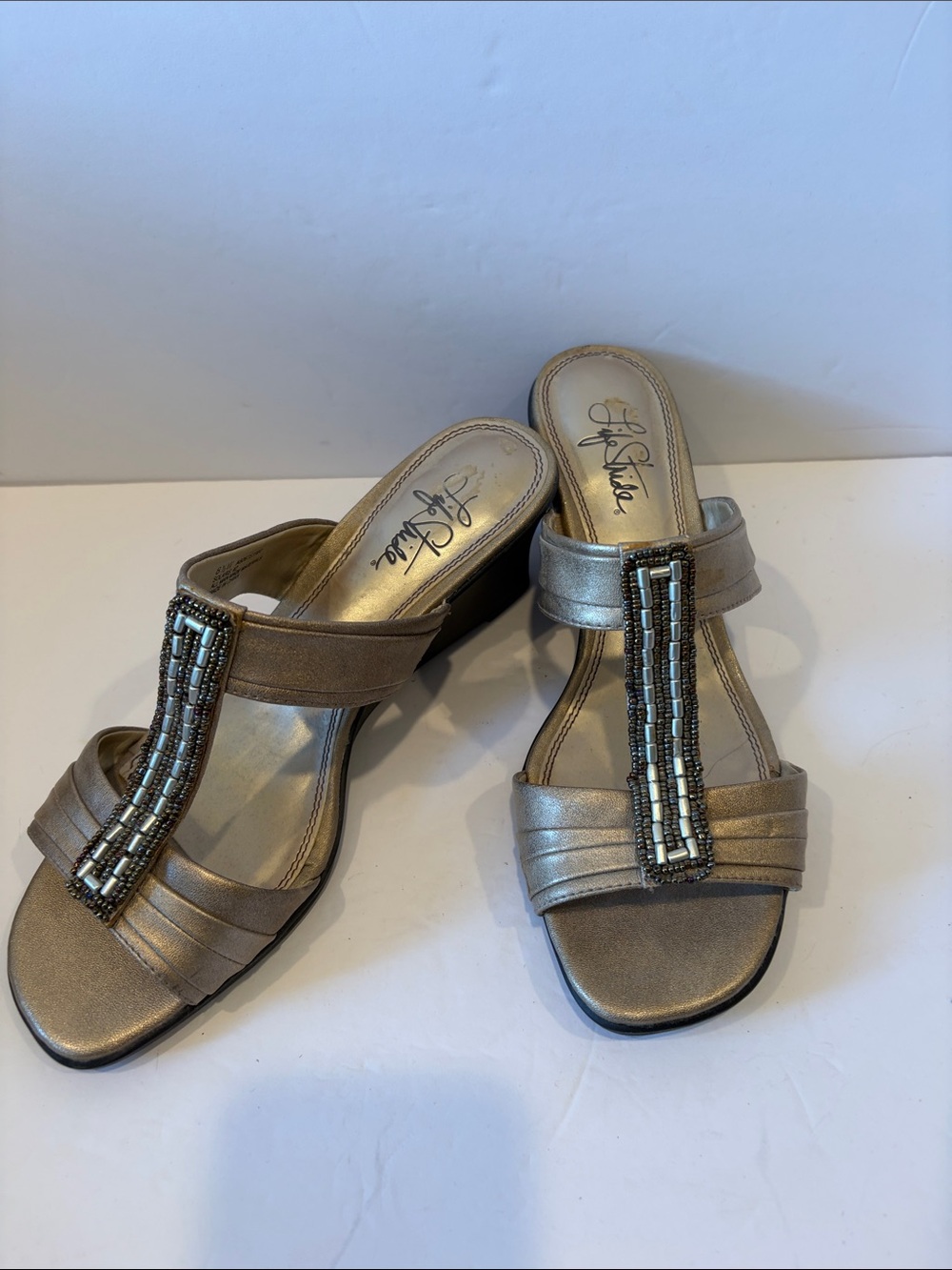 Life Stride Metallic Taupe Beaded T-Strap Sandals